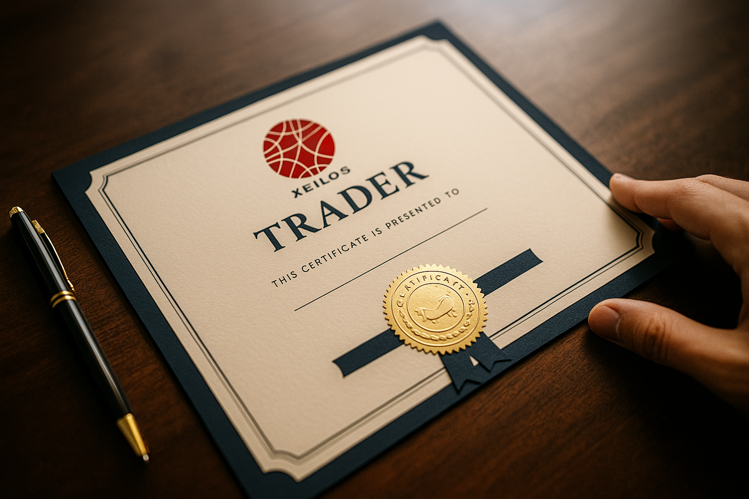 Certificat de trader Xeilos posé sur une table en bois avec un stylo et un sceau doré officiel.