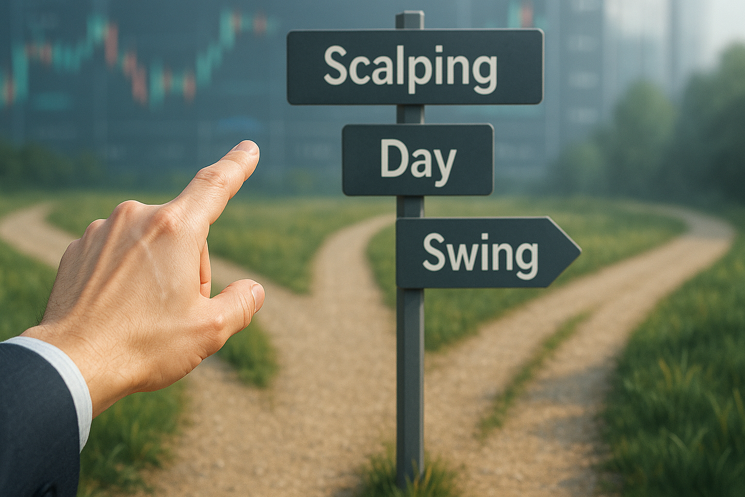 Main pointant vers un panneau de direction indiquant Scalping, Day et Swing, représentant les différents styles de trading.